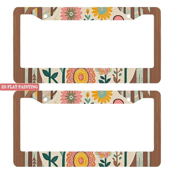 2Packs License Plate Frames with Vintage Floral with Wood Grain Pattern Includes Screws & Caps Full Accessories Included Size 6.3x12.2inch(16x31cm)