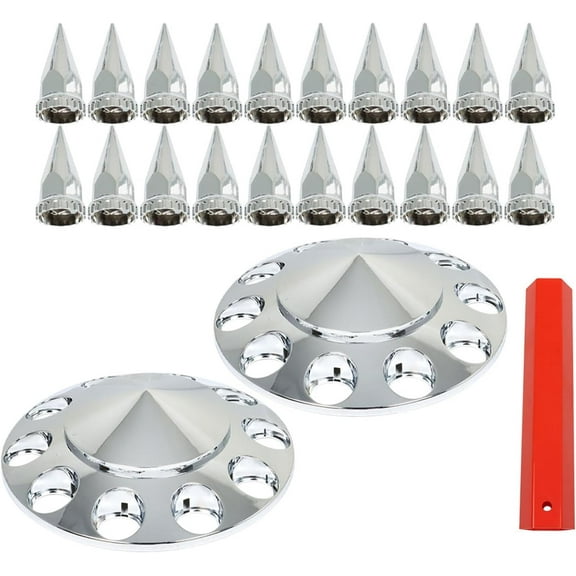 OTTULUR Chrome ABS Front Axle Cover Set with Hub Caps and 33mm Screw-On Spiked Lug Nut Covers for Semi Truck