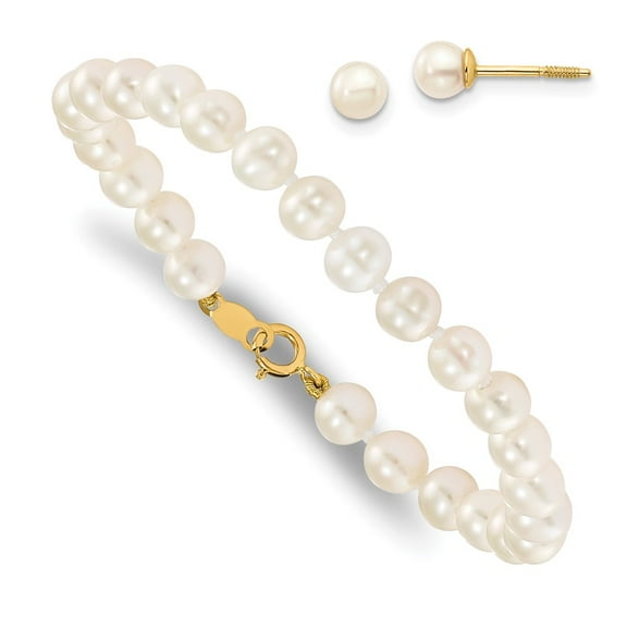 Real 14kt Yellow Gold Madi K 4-5mm White Freshwater Cultured Pearl Bracelet & Earring Set; for Adults and Teens; for Women and Men