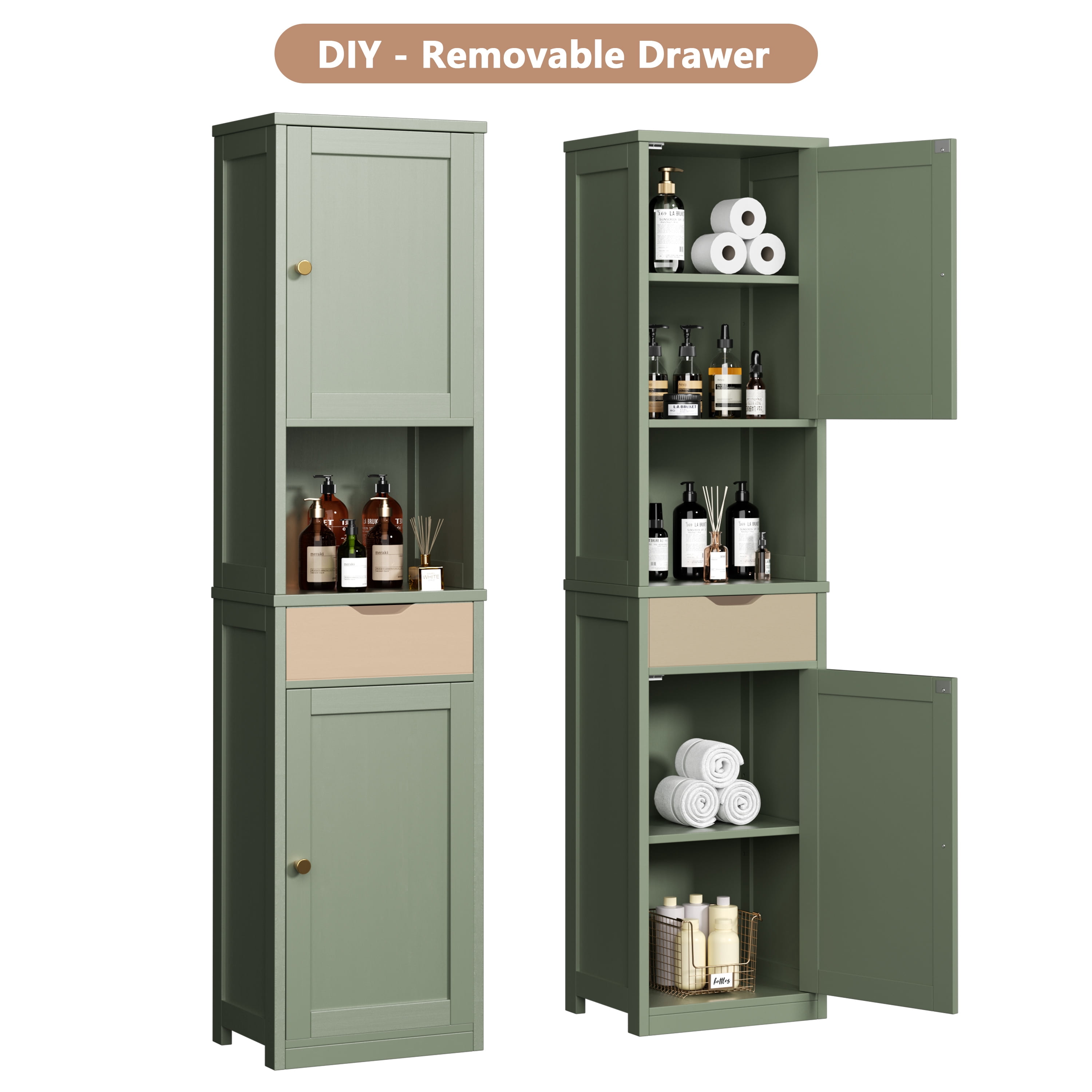 2PCS Bathroom Storage Cabinets 64" Tall Narrow Wooden Cabinets Set of 2 with Doors Shelves Drawer Green