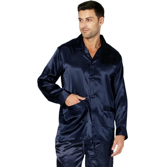 INTIMO Mens' Poly Charmeuse 2 Pocket Button Front Long-Sleeve Pajama Shirt Sleep Top Lounge