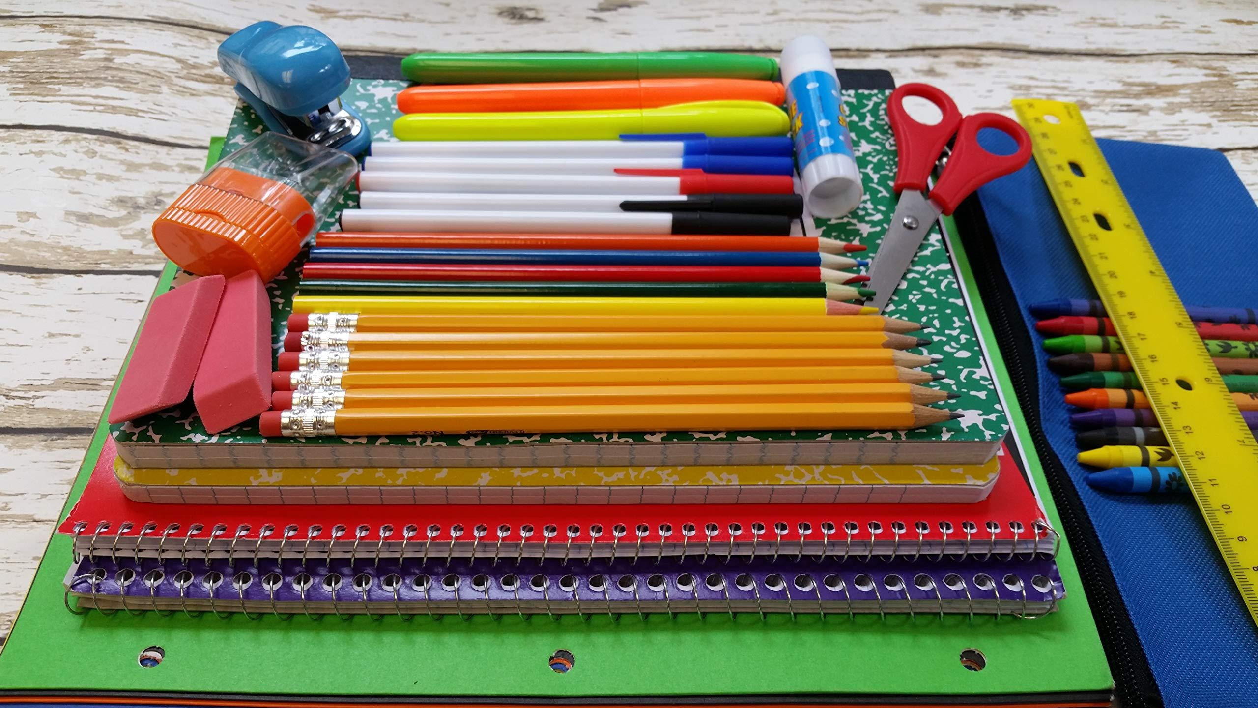 12 Pack of 45 Piece Stationary Supply Kits Containing 2 Spiral Notebooks, 4 Colored Folder, 5 Pens, 5 Pencils, 10 Crayons, 4 Erasers, 1 Pencil Case, 1 Sharpener, & More!