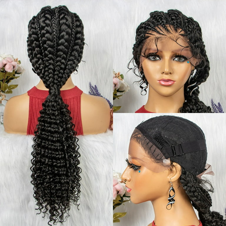 Synthetic Hair Braided Ponytail Lace Front Wigs Kinky Curly Frontal with  Baby Hair for Women, Cornrow Box Braided Wigs 