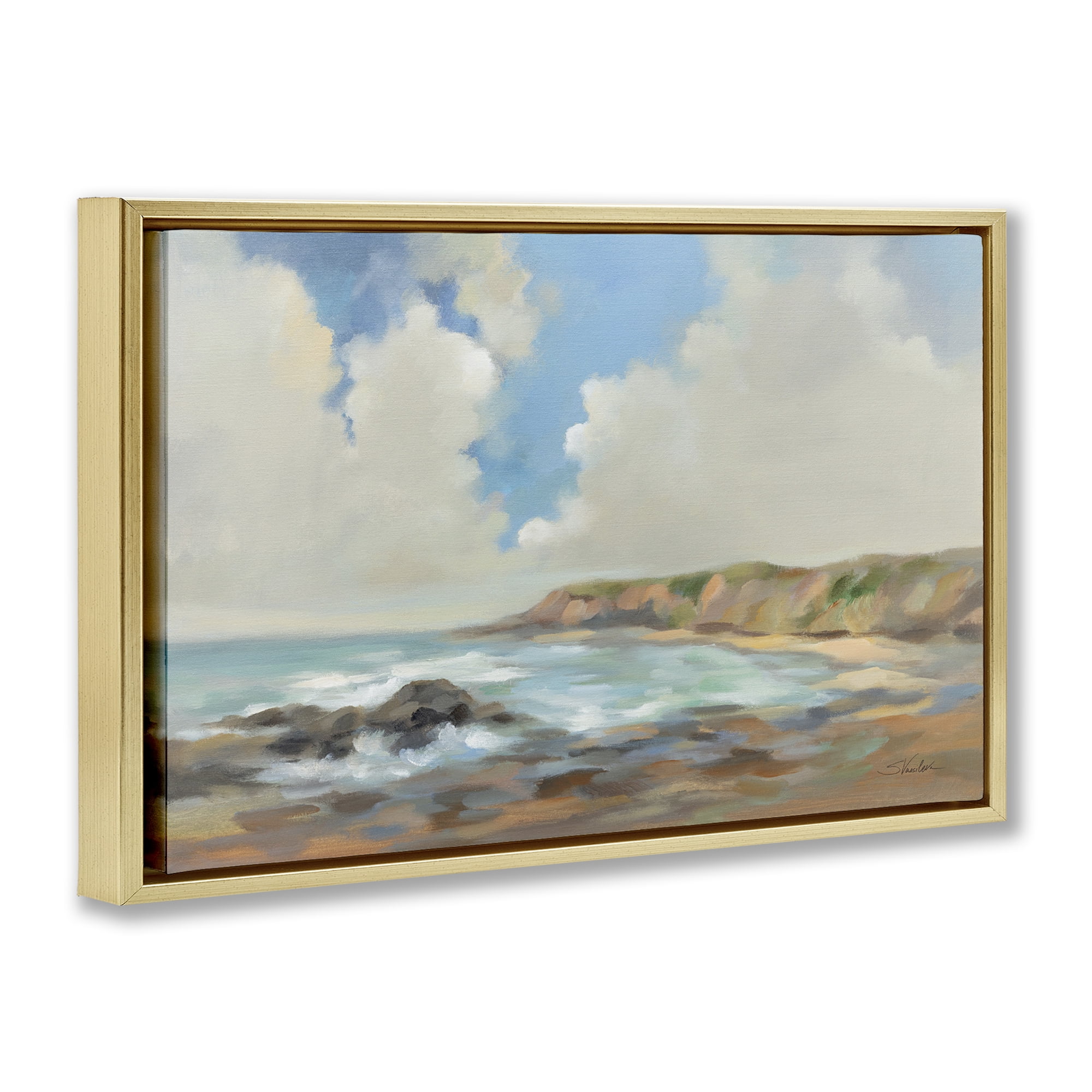 Stupell Industries California Coast Cliffs Landscape Painting Gold Floater Framed Canvas Art Print Wall Art, 31 x 21