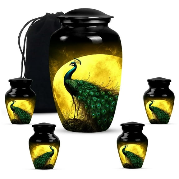 KARYLIZ Peacock Urns - Funeral Urns For Adult Ashes Women - Small Urn For Human Ashes Keepsake - Decorative Urns For Female Mom & Male Dad - Large Cremation Funeral (Set of 5 -10 Inch, 3 Inch)