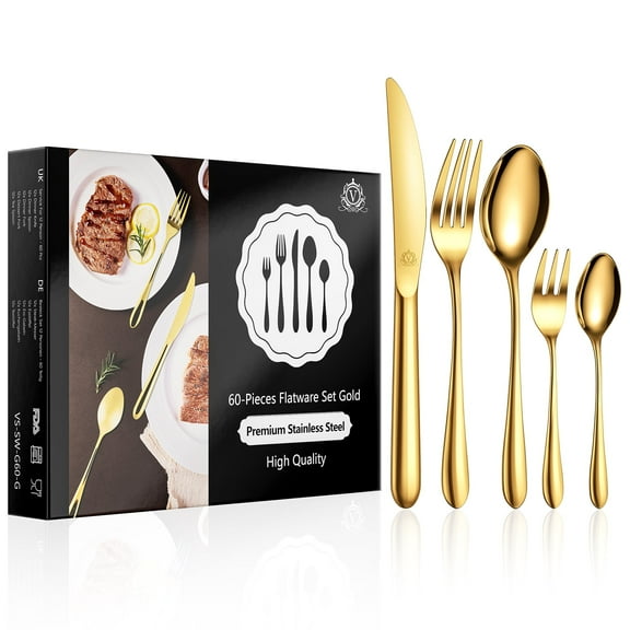 vancasso 60 Piece Silverware Sets , Stainless Steel Knife and Fork for 10，Gold Round handle