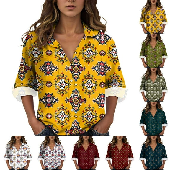 idosla Womens 3/4 Sleeve Shirts Vintage Boho Retro Floral Print Tops Ladies Loose Fit Lightweight V Neck Button Down Blouses (Wine, S)