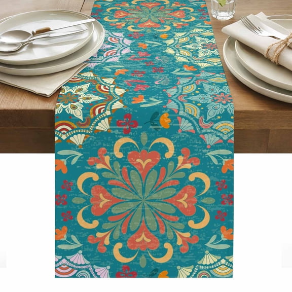Green Boho Table Runner - 120 Inch Long, Kitchen Dining Table Runner Dresser Scarves, Shabby Vintage Ethnic Abstract Floral Art Farmhouse Decor for Coffee Tables Wedding Party Banquet