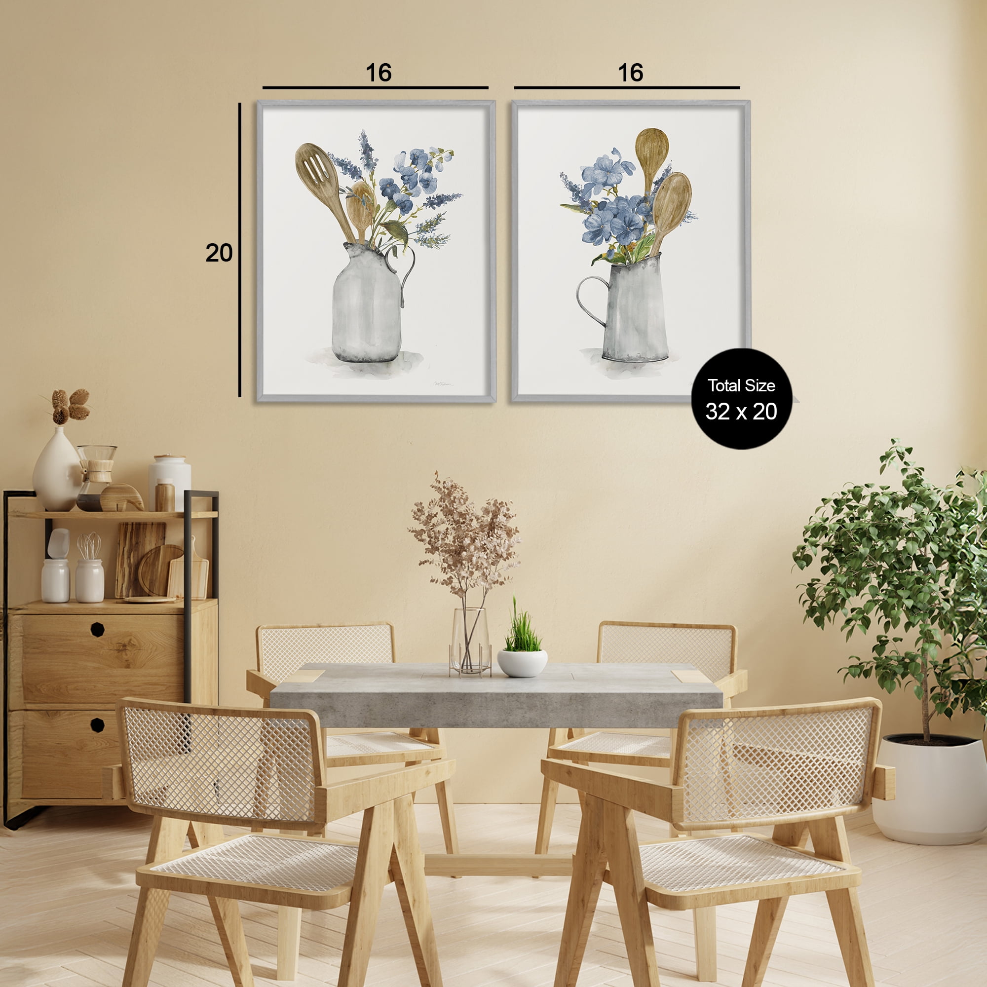 Stupell Industries Kitchen Pitcher Bouquets 2 Piece Gray Framed Giclee Art Set, design by Carol Robinson