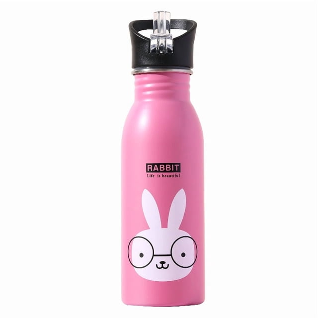 Kids' 304 Stainless Steel Sports Water Bottle with Straw - Safe, Durable & Stylish Handy Cup for Active Children, School, Sports & Daily Hydration – Pink Rabbit Design (K601)