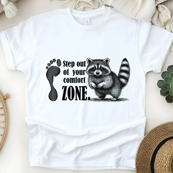Step Out of Your Comfort Zone Raccoon Graphic T-Shirt for Adults, White, Size S
