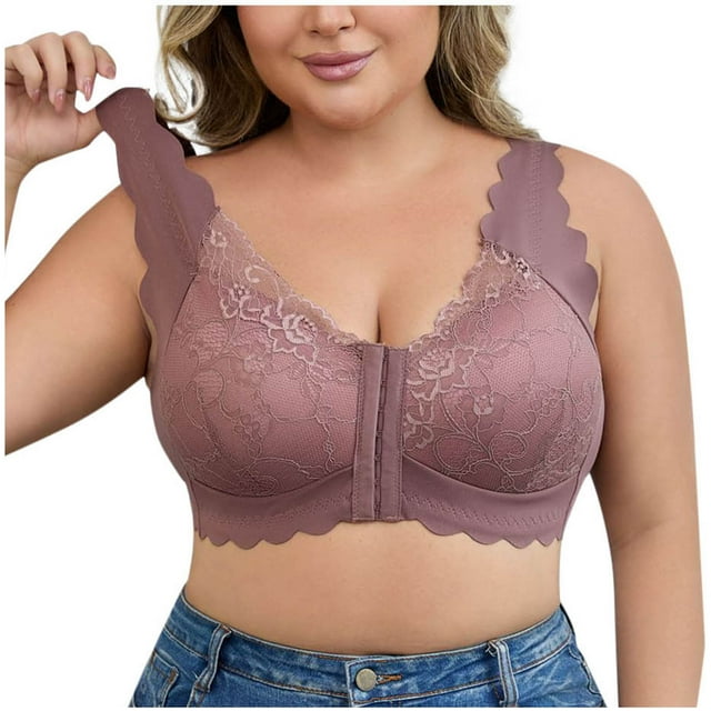Bras for Women Underwear for Women Front Button Plus Size Lace Gathered Rimless Solid Bra