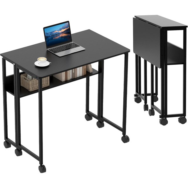 24.8" Portable Computer Table,135 lb Capacity,Rolling Computer Table on Wheels, Sturdy Iron Frame,Easy Assembly,Space-Saving Collapsible Laptop Desk with Storage Shelf