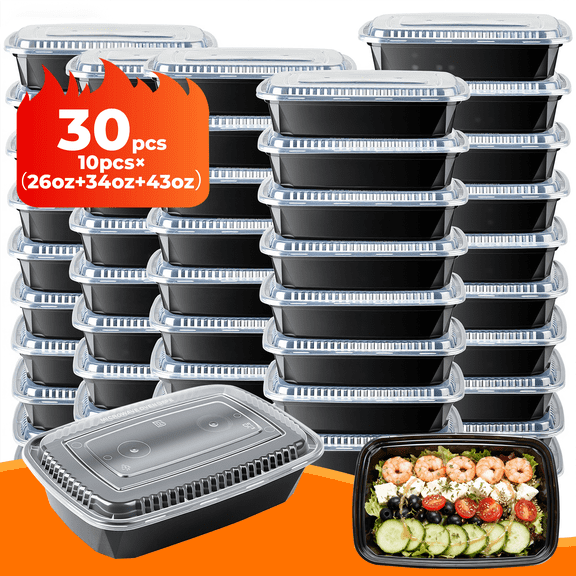 Storvive 30 Pack Meal Prep Containers with Lids Variety, 26/34/43oz Disposable Microwave Safe, Black