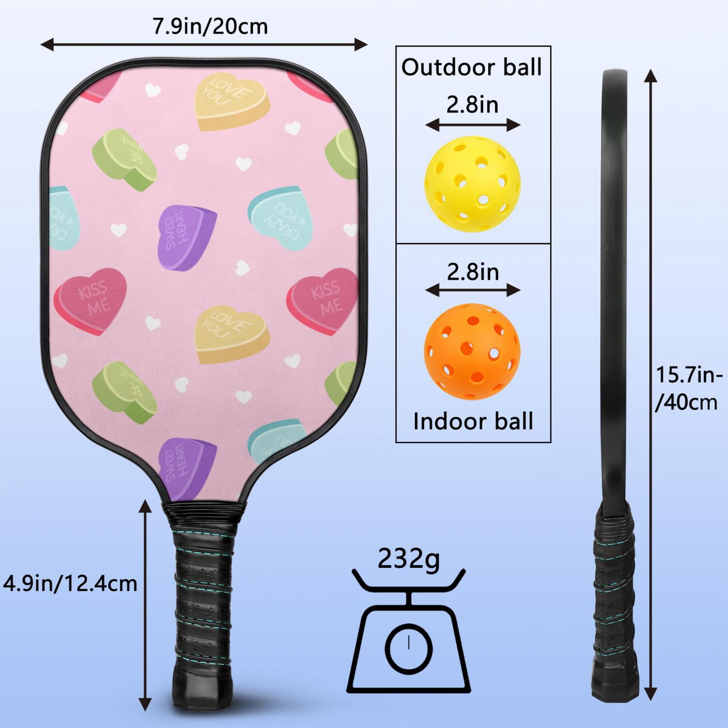 Pickleball Paddles Set Of 2, Fiberglass Surface, Sweet Candy Print, 4 Balls & Bag