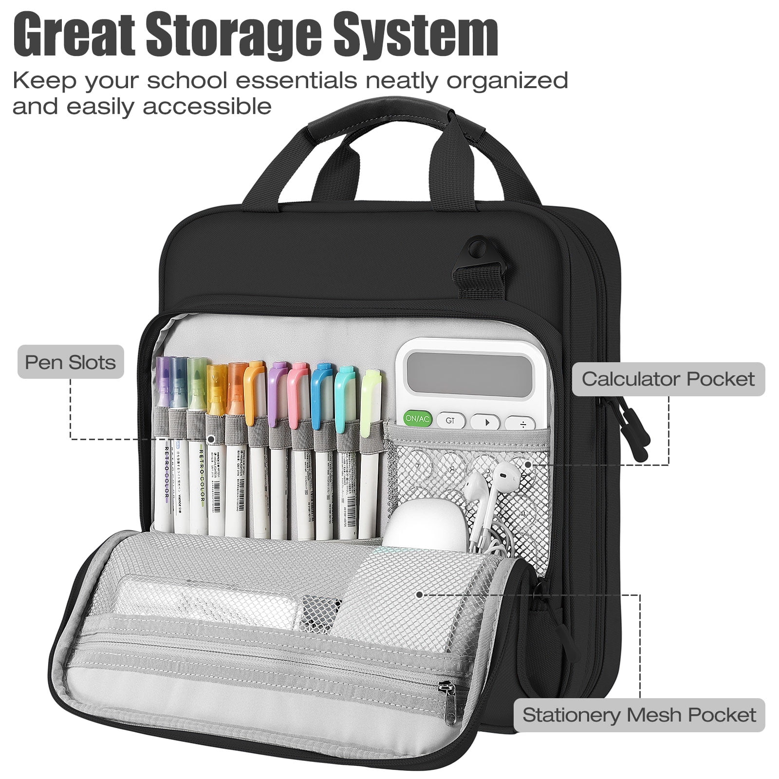 MoKo Zipper Binder with Strap Handle, 2 inch 3 Ring 500 Sheet Capacity Multi-Pockets Binder Organizer, School Office Supplies, Black