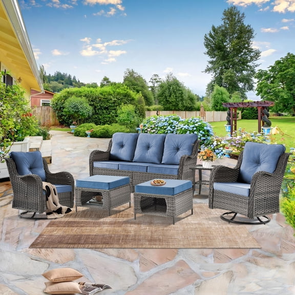 6 Piece Outdoor Patio Furniture Set Grey Wicker Patio Furniture-Wicker Swivel Rocker Patio Chairs with Outdoor Ottoman and Wicker Outdoor Couch & Patio Table, All Weather Patio Furniture Set