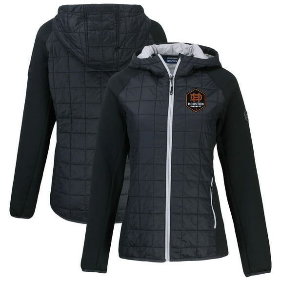 Women's-Cutter & Buck  Black Houston Dynamo FC Rainier Primaloft Eco Raglan Full-Zip Hybrid Hooded Jacket