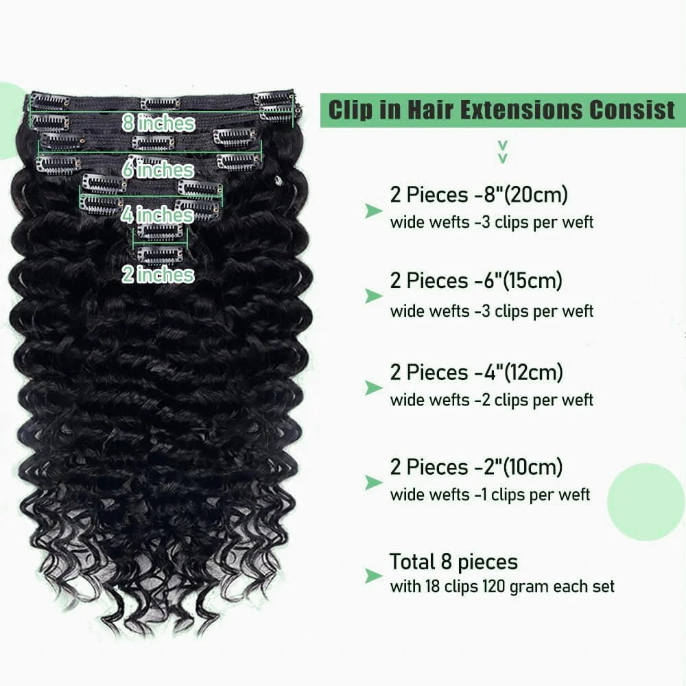 Brazilian Curly Clip In Hair Extensions 8pcs Deep Wave Human Hair Extensions 1B 120g