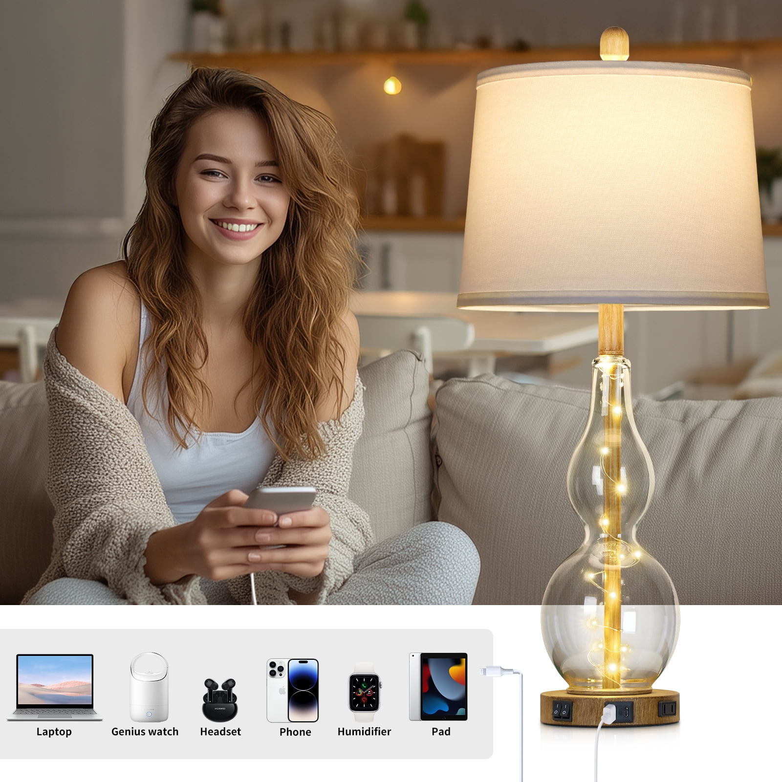 Lolikit Table Lamps Set of 2, Modern Nightstand Bedside Lamp for Bedroom Living Room with USB C+A Ports & AC outlet,Bulbs Included