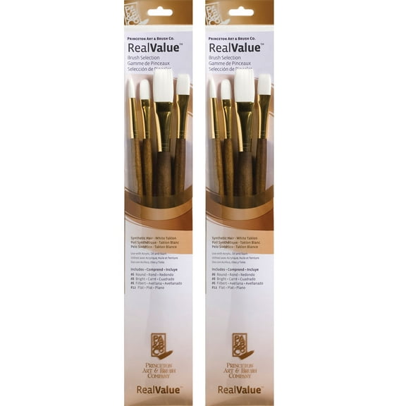 Princeton RealValue Brush Set, White Taklon Bristles, Long Handle Mixed Media Paintbrush, Brown, 4 Per Set, 2 Sets