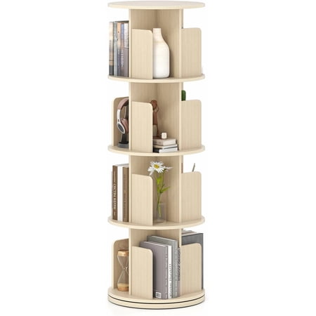 SolaceHue 4-Tier Rotating Bookshelf 360° Display Rack w/Dividers & Anti-Falling Baffles Multifunctional Narrow Floor Standing Bookcase Book Storage Organizer for Living Room Bedroom Natural