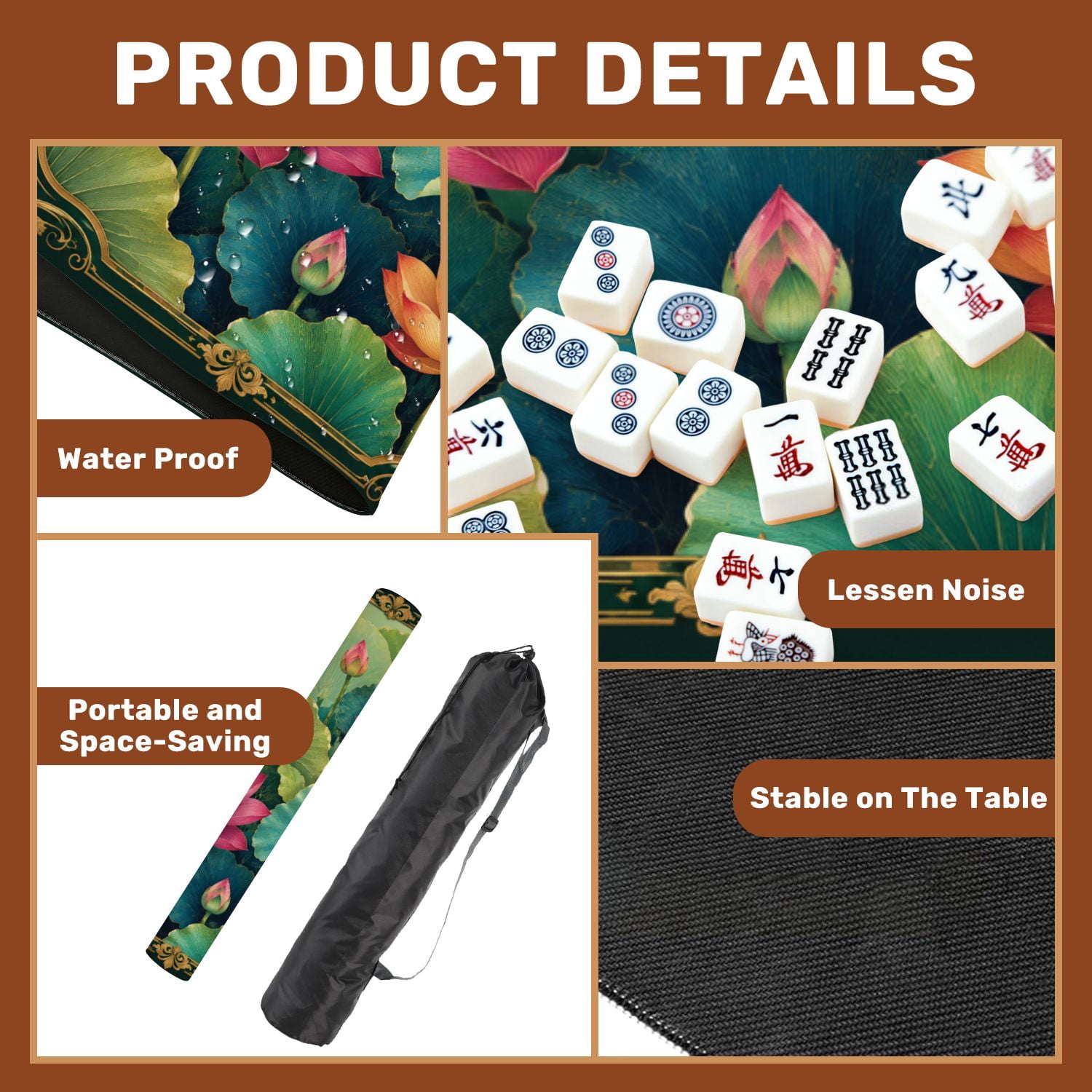Mahjong Mat 31.5" x 31.5" Greenery Vibrant Blossoms Intricate Ginkgo Lotus Flowers Non-Slip Noise Reduction Chic Portable Gaming Table Cover for Family Game Night & Gift