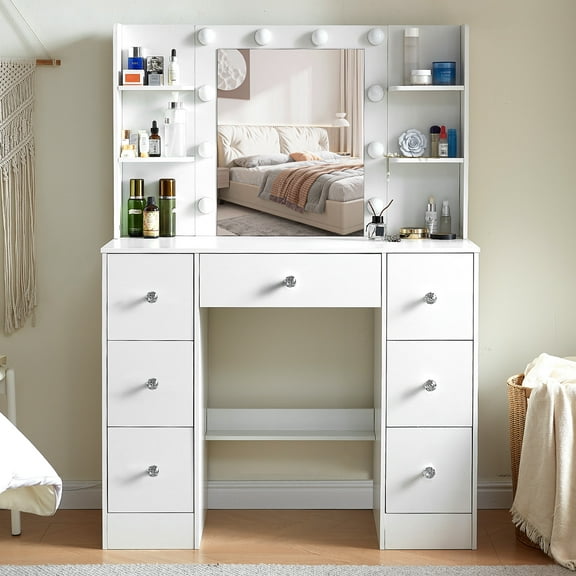 Teousev Makeup Vanity with Mirror and Lights, 7 Drawers White Vanity Desk and Shelves