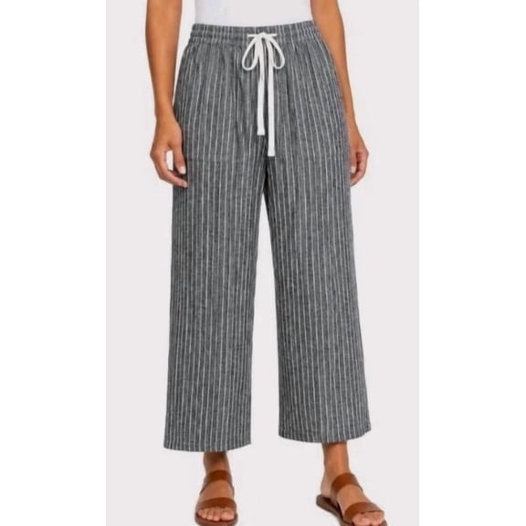 Roxy Women's Large Linen Blend Striped Cropped Pant, Black
