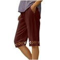 thumbnail image 2 of BRGZLK Summer Cotton Linen Pants for Women Fashion Solid Color Elastic Waist Lace Patchwork Cozy Short Pants with Pocket Wine M, 2 of 5