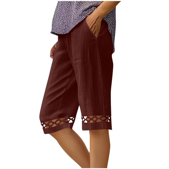 Moxiu Womens Cotton Linen Capri Pants Summer Boho Cut Out Hem Straight Leg Cropped Casual Trousers with Pockets Wine,XXL