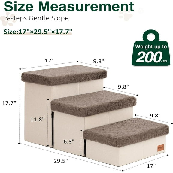 Dog Stairs for High Bed 18" H,3 Steps with Furry Lids Pet Stairs for Small Medium Large Dogs,Foldable Cat Ramp with Zip up to 200 lbs,Brown