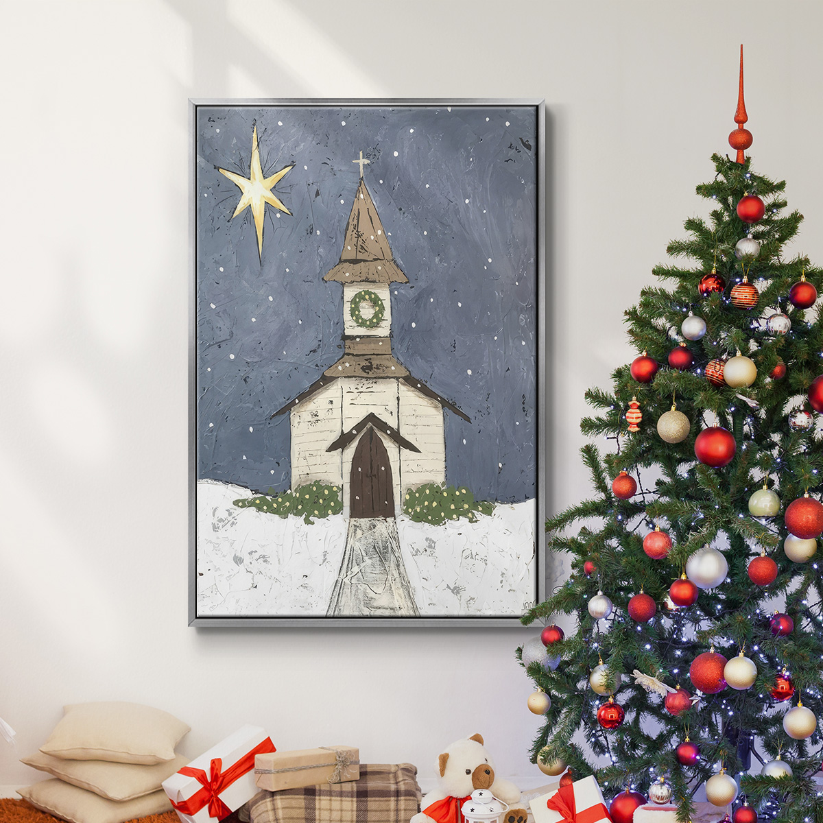 A Silent Night III - Framed Gallery Wrapped Holiday Canvas - 25 x 37 - Silver Frame