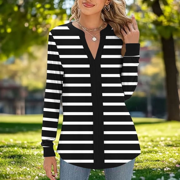 Ounisa Women Fall V Neck Sweater Color Block Long Sleeve Shirt Casual Loose Striped Pullover Sweaters