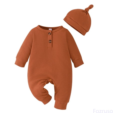 Fozruso Infant Newborn Girls Boys Winter Long Sleeve Jumpsuit Solid Color Print With Hat Outwear Fall Clothes Jumpsuit Cute Rompers Sizes 9-12 Months