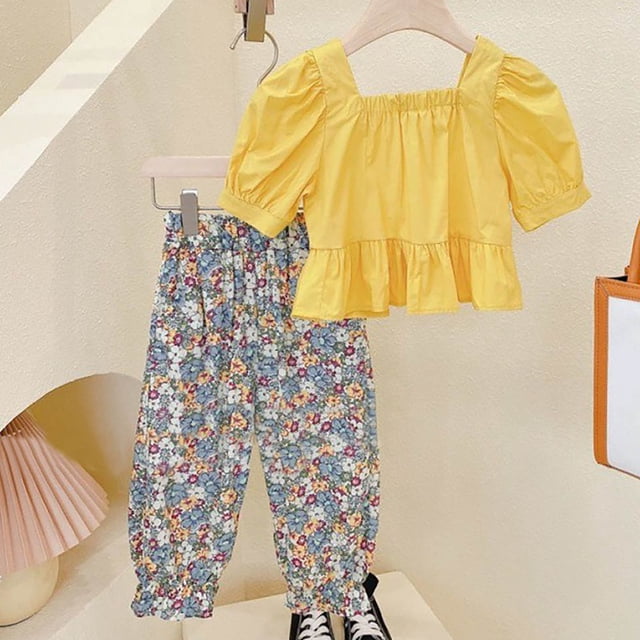 TopLLC Short Sleeve Round-Neck Blouses & Shirts Sets Spring And Summer Cute Print Girls Short Sleeve Comfy Round-Neck Blouses And Pants Set Girl Set