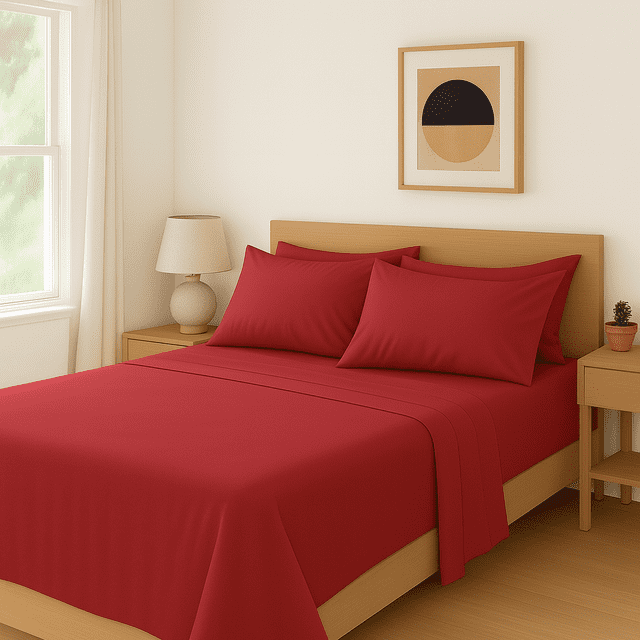 Comfy Bamboo World Series 90 G/m2 Ensemble de Draps en Microfibre 4 Mcx, Lit Double, Rouge