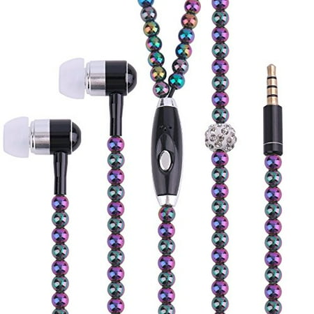 Rhinestone Headphones New Fashion Women Girl Rhinestone Jewelry Design Pearl Necklace Earphones,Super Bass HIFI Wired Earbuds Headphones with Mic S ()