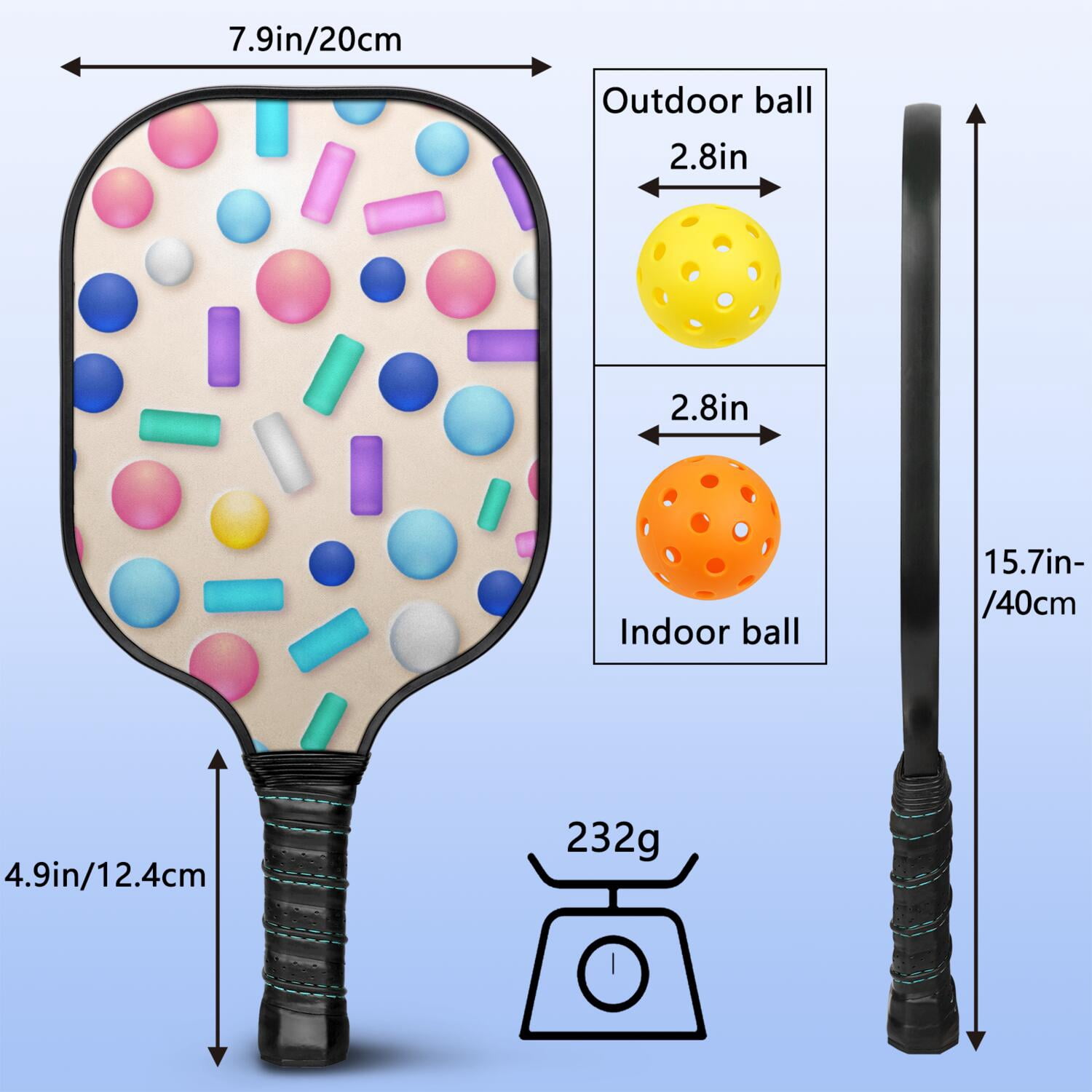 Pickleball Paddles Set Of 1, Fiberglass Surface, Sweet Candy Print, 1 Paddle, 2 Balls & Bag