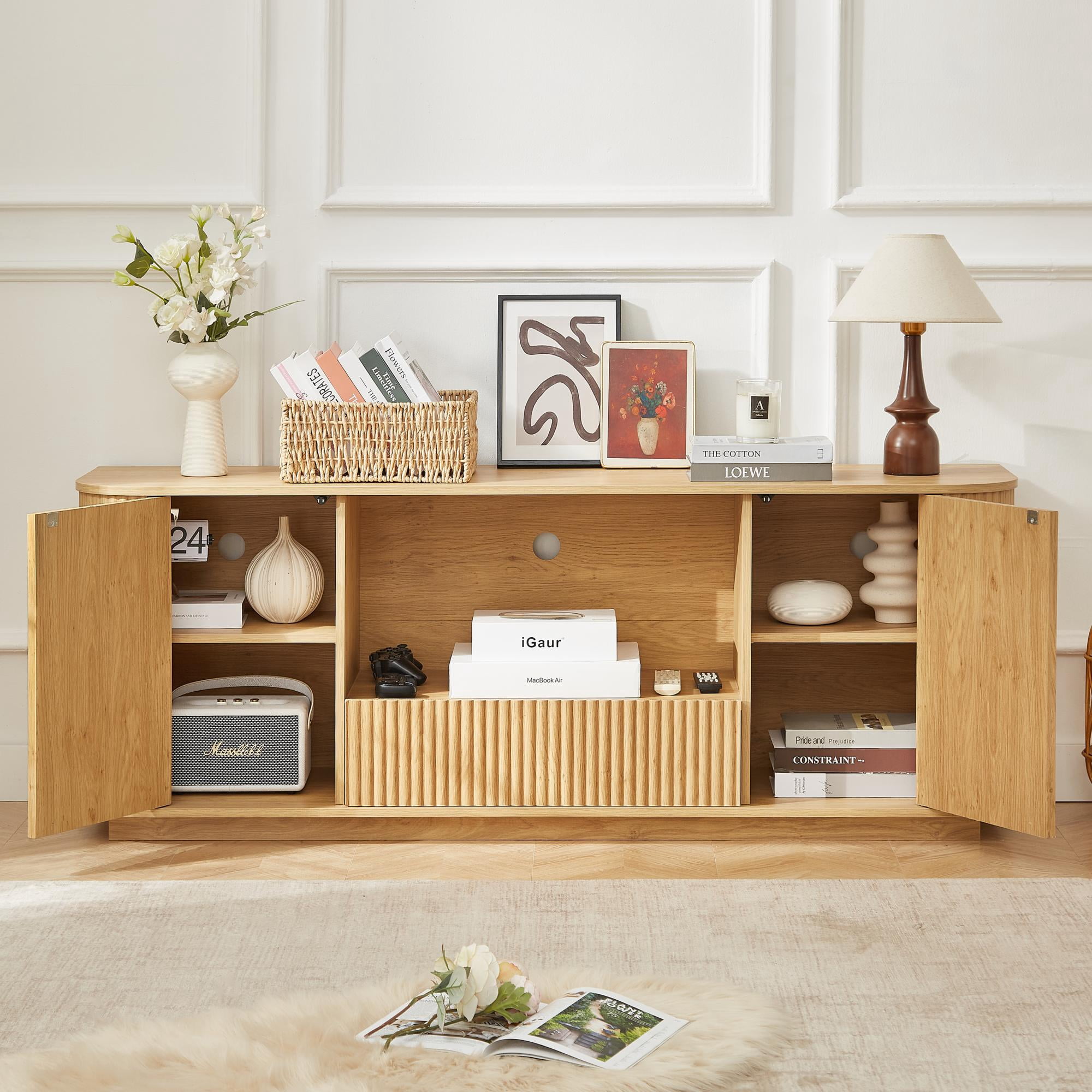 TrumanPick 64" Fluted TV Stand, Entertainment Center for TVs Up to 75 inches, TV Console Table Media Cabinet with Open Shelves for Living Room, Bedroom and Office, Natural