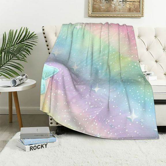 BCIIG Rainbow Throw Blanket for Kids Girls Teens Women,Tie Dye Pastel Fleece Blanket Baby Golden Stars Glitter Plush Blanket,Watercolor Art Girly Flannel Blanket Bedroom Decor 40x50in