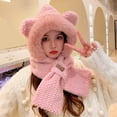 thumbnail image 2 of Xfvqtps Womens Hat Scarf Integrated Plush Brim Cute Ears Furry Thickened Windproof Coldproof Warm Outdoor Solid Color Simplicity Winter Hat Scarf Set Pink, 2 of 3