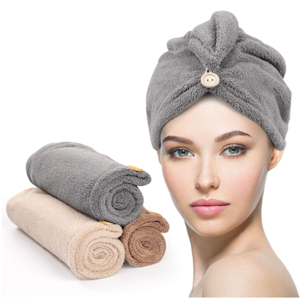 Microfiber Hair Towel 3 Pack with Button, Super Absorbent Hair Towel
