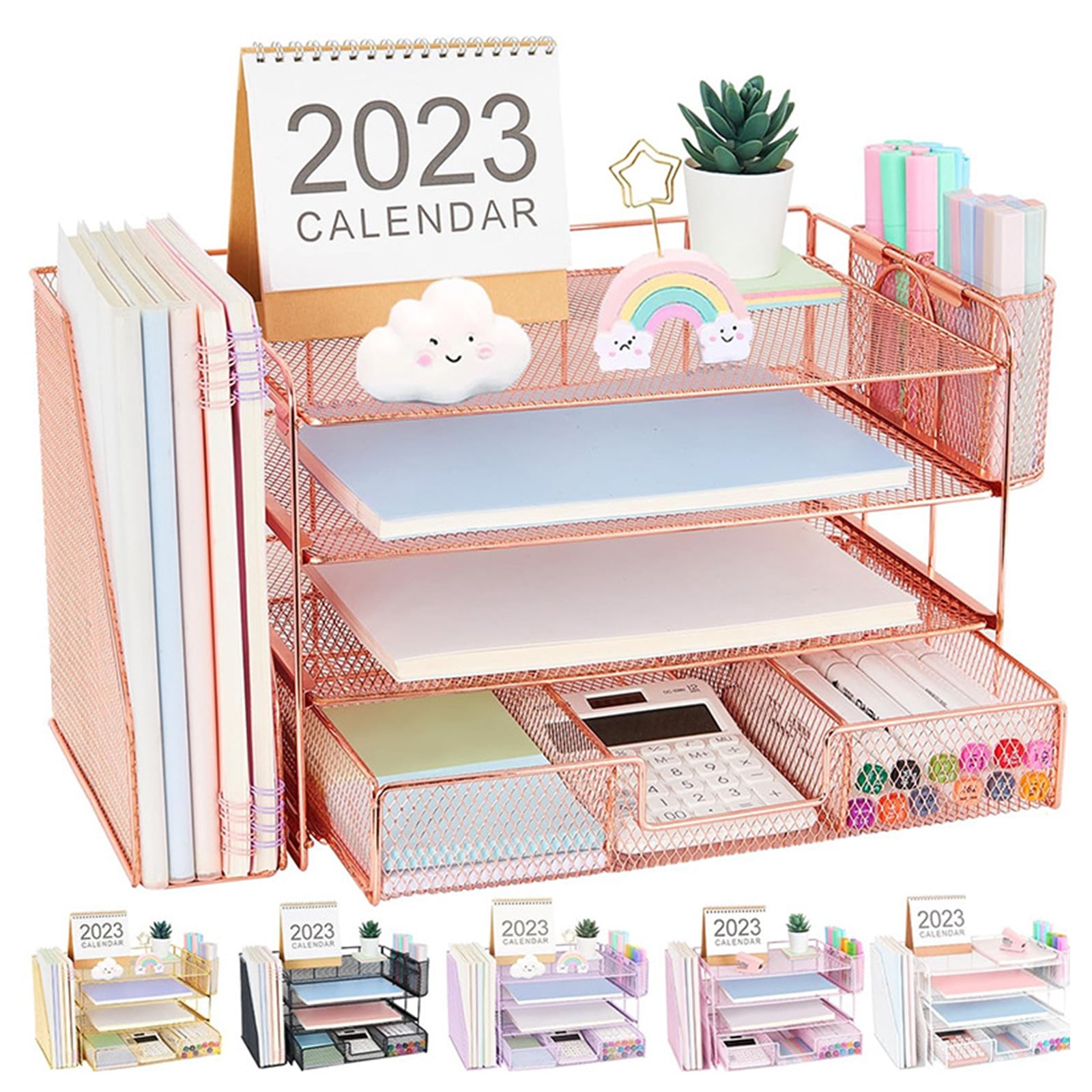 RUISINERY 4-Tiered Letter Tray Metal with Magazine Stand Drawer Pen Cups Desk Organizers and Accessories Multifunction for Office