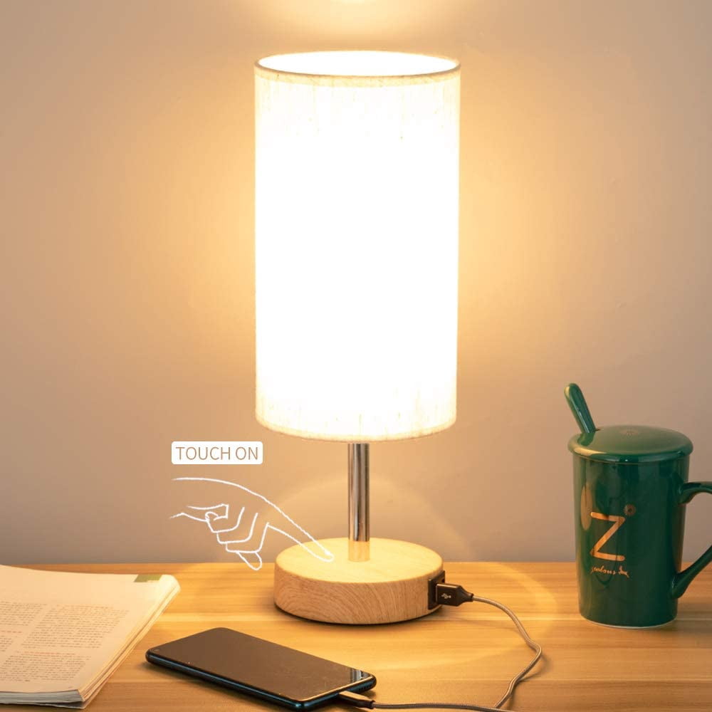 Bedside Lamp with USB port - Touch Control Table Lamp for Bedroom Wood