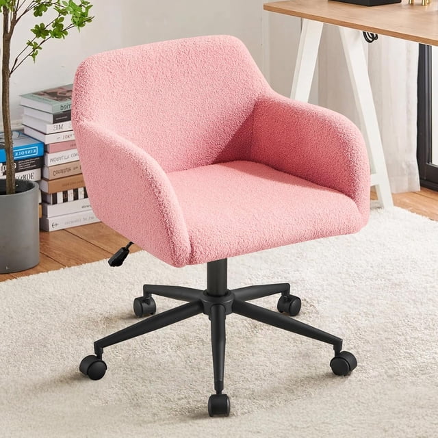 Chaise de Bureau Pivotante à Roulettes avec Roues, Hauteur Réglable, Chaise de Coiffeuse en Fausse Fourrure, Accoudoir, Mignonne Chaise de Travail pour Chambre, Étude, Bureau, Dortoir, Petits Espaces (Fourrure Synthétique Rose)
