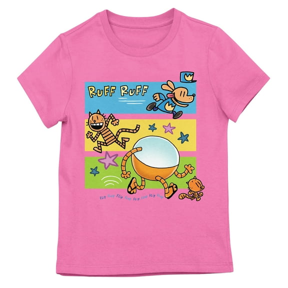 Dog Man Li'l Petey and 80-HD running on Pink Short Sleeve Girls T-Shirt-Medium