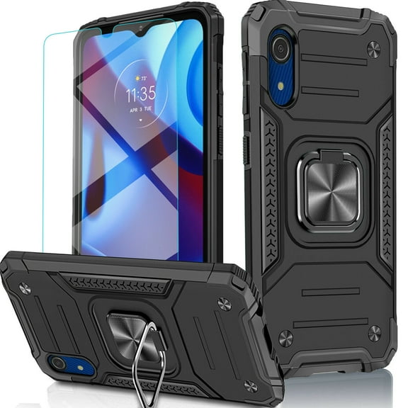 Circlemalls Case for Samsung Galaxy A03 Core, Tempered Glass Screen Protector, Ring Stand Shockproof Cover-Black