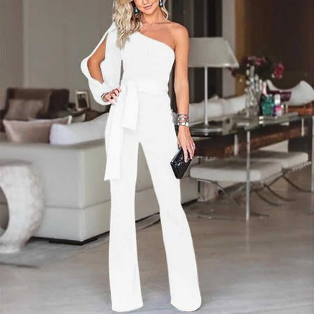 

Rompers for women Women s One Shoulder High Waist Tie Solid One Piece Long Sleeve Jumpsuit Fragarn