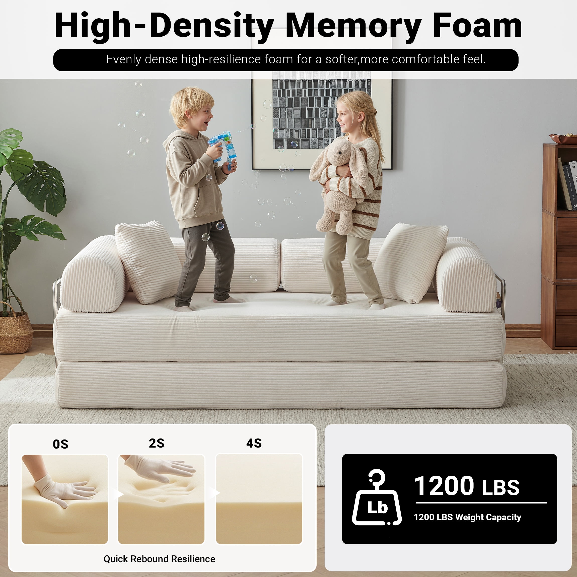 Vanress 78" Convertible Sofa Bed, Folding Sleeper Sofa Couch Bed with Fixed-Shape Frame, Pull-Out Sleeper Loveseat, Corduroy Boneless Futon Bed, No Assembly Required for Living Room & Bedroom, White